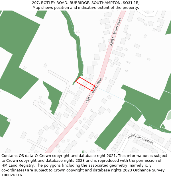 207, BOTLEY ROAD, BURRIDGE, SOUTHAMPTON, SO31 1BJ: Location map and indicative extent of plot