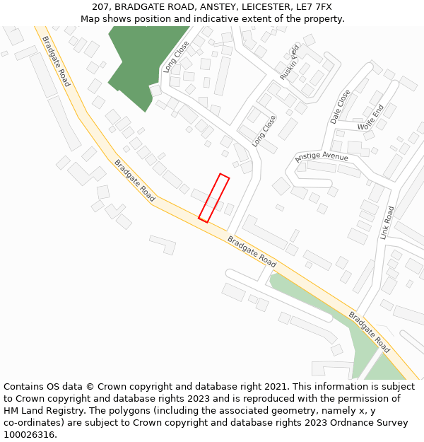 207, BRADGATE ROAD, ANSTEY, LEICESTER, LE7 7FX: Location map and indicative extent of plot