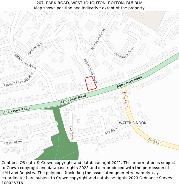 207, PARK ROAD, WESTHOUGHTON, BOLTON, BL5 3HA: Location map and indicative extent of plot