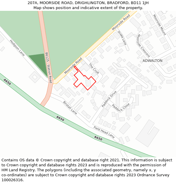 207A, MOORSIDE ROAD, DRIGHLINGTON, BRADFORD, BD11 1JH: Location map and indicative extent of plot