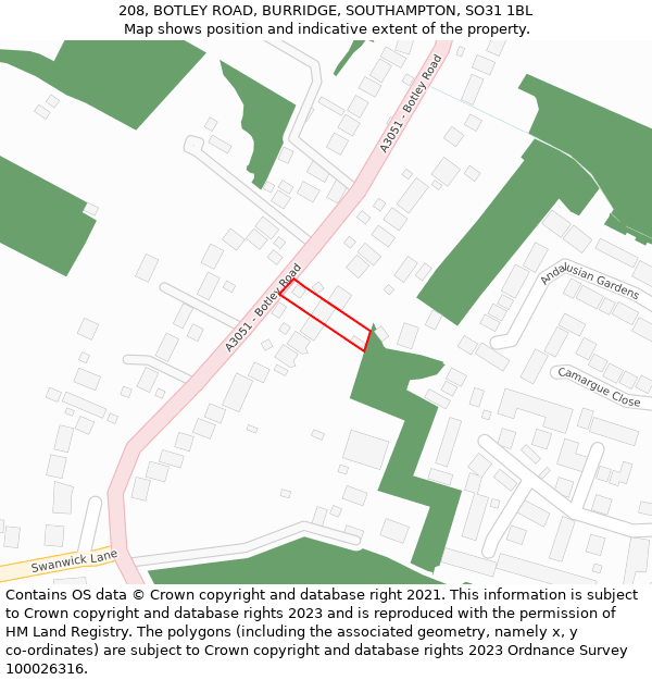 208, BOTLEY ROAD, BURRIDGE, SOUTHAMPTON, SO31 1BL: Location map and indicative extent of plot