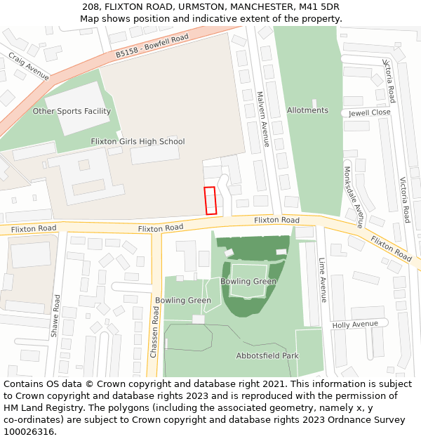 208, FLIXTON ROAD, URMSTON, MANCHESTER, M41 5DR: Location map and indicative extent of plot