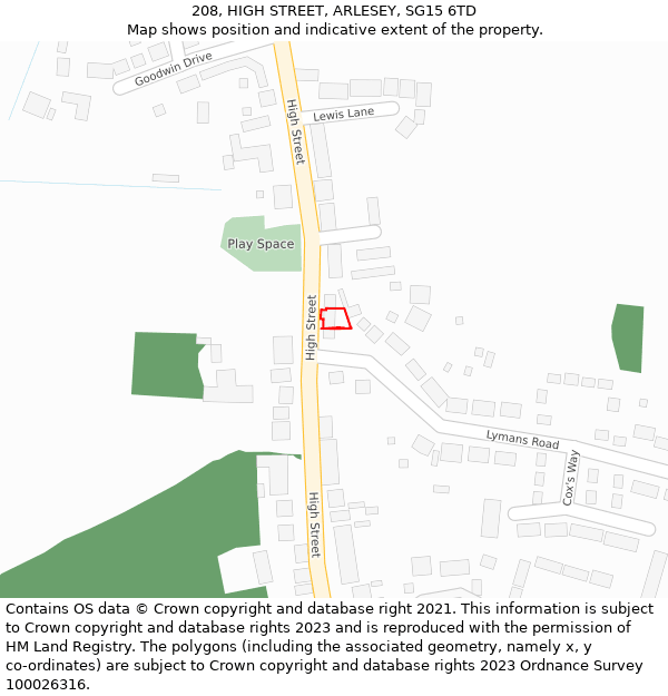 208, HIGH STREET, ARLESEY, SG15 6TD: Location map and indicative extent of plot