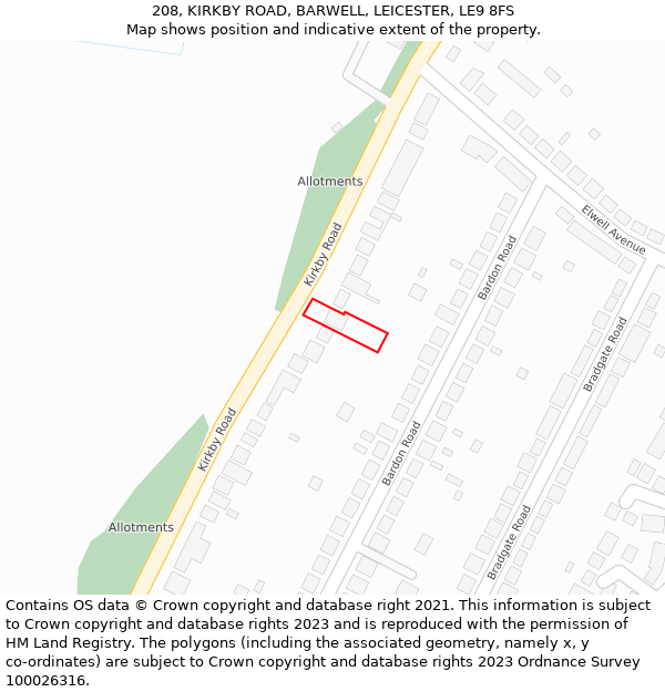 208, KIRKBY ROAD, BARWELL, LEICESTER, LE9 8FS: Location map and indicative extent of plot