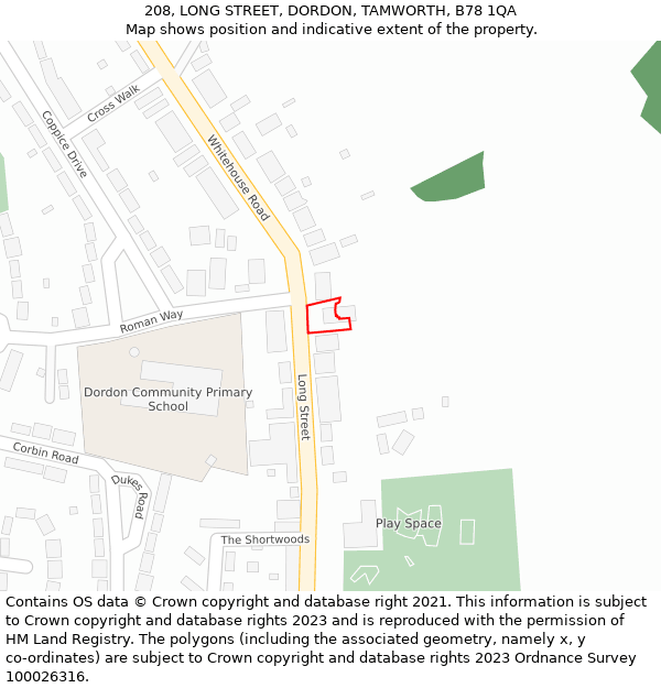 208, LONG STREET, DORDON, TAMWORTH, B78 1QA: Location map and indicative extent of plot