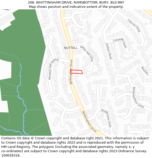 208, WHITTINGHAM DRIVE, RAMSBOTTOM, BURY, BL0 9NY: Location map and indicative extent of plot