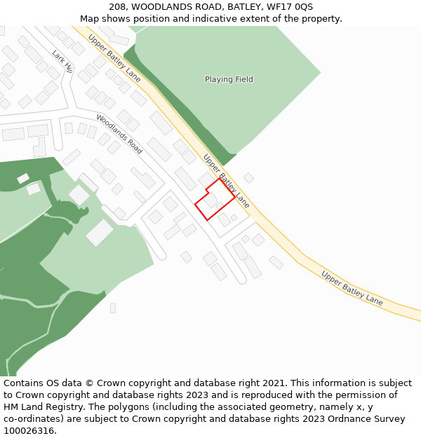 208, WOODLANDS ROAD, BATLEY, WF17 0QS: Location map and indicative extent of plot