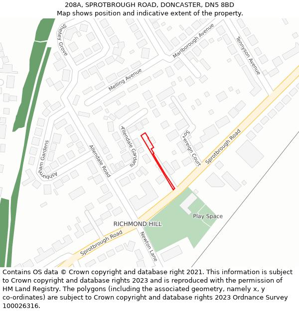 208A, SPROTBROUGH ROAD, DONCASTER, DN5 8BD: Location map and indicative extent of plot