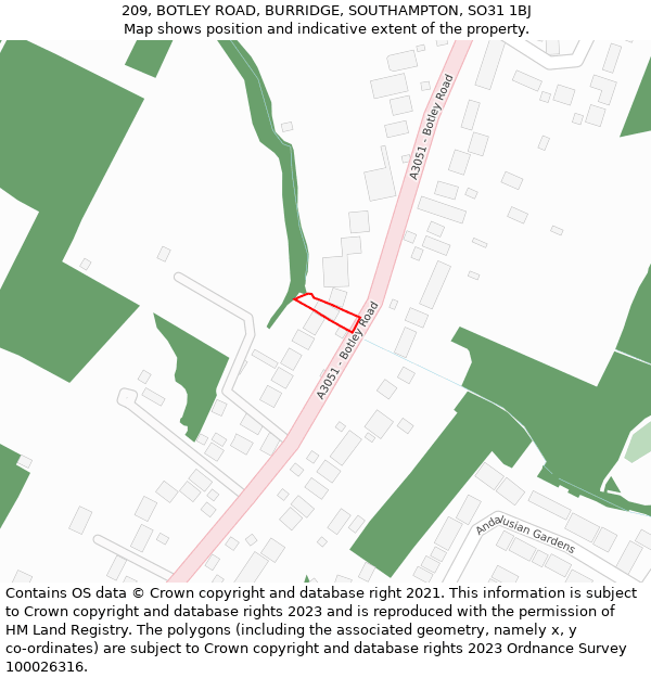 209, BOTLEY ROAD, BURRIDGE, SOUTHAMPTON, SO31 1BJ: Location map and indicative extent of plot