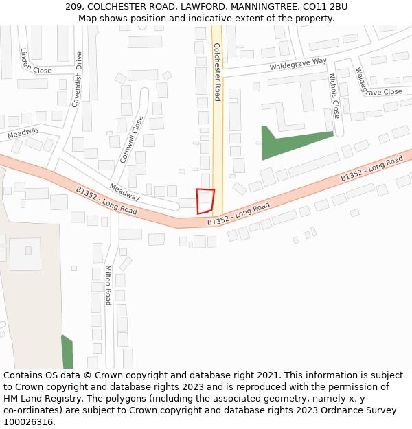 209, COLCHESTER ROAD, LAWFORD, MANNINGTREE, CO11 2BU: Location map and indicative extent of plot