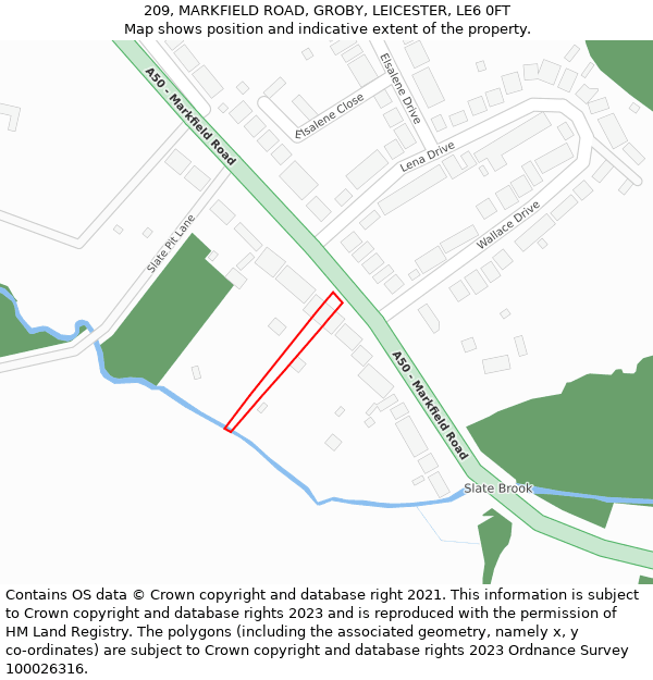 209, MARKFIELD ROAD, GROBY, LEICESTER, LE6 0FT: Location map and indicative extent of plot