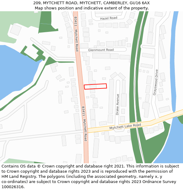 209, MYTCHETT ROAD, MYTCHETT, CAMBERLEY, GU16 6AX: Location map and indicative extent of plot