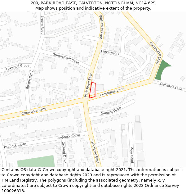 209, PARK ROAD EAST, CALVERTON, NOTTINGHAM, NG14 6PS: Location map and indicative extent of plot