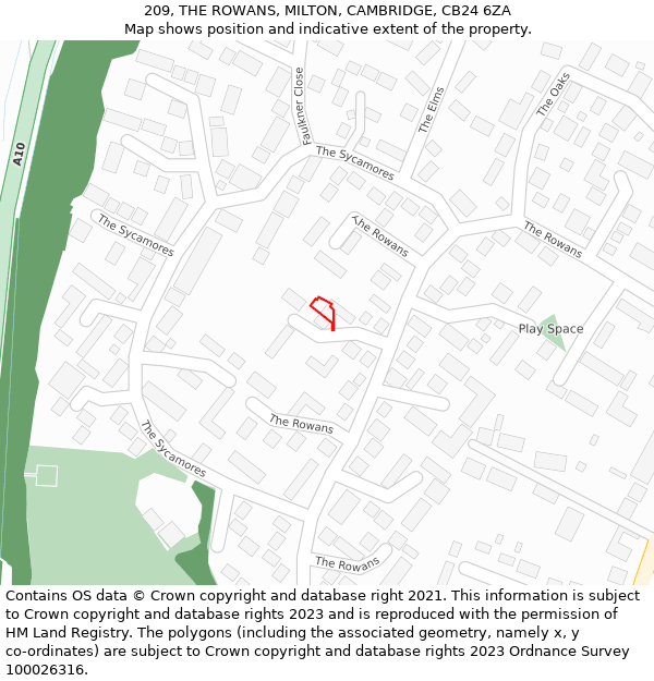 209, THE ROWANS, MILTON, CAMBRIDGE, CB24 6ZA: Location map and indicative extent of plot