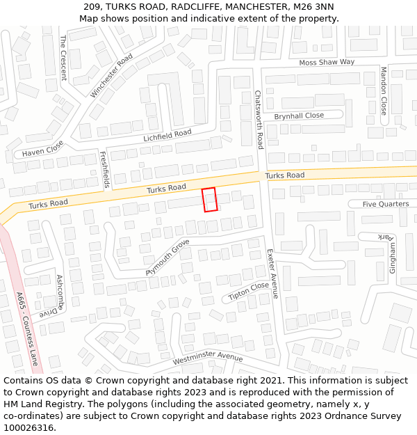 209, TURKS ROAD, RADCLIFFE, MANCHESTER, M26 3NN: Location map and indicative extent of plot