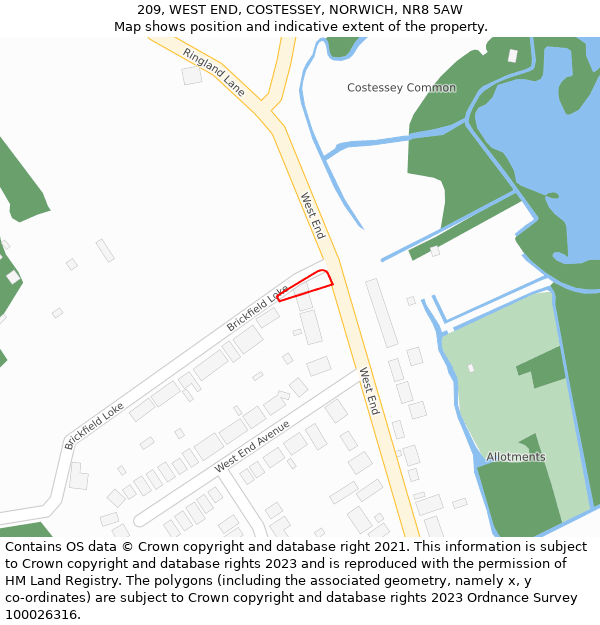 209, WEST END, COSTESSEY, NORWICH, NR8 5AW: Location map and indicative extent of plot