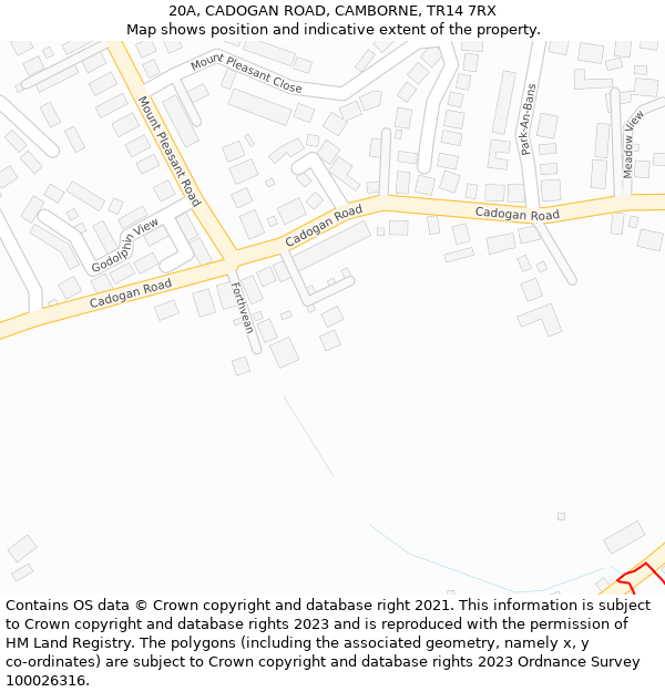 20A, CADOGAN ROAD, CAMBORNE, TR14 7RX: Location map and indicative extent of plot