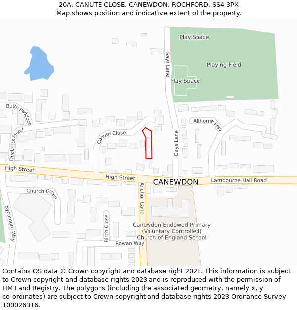 20A, CANUTE CLOSE, CANEWDON, ROCHFORD, SS4 3PX: Location map and indicative extent of plot