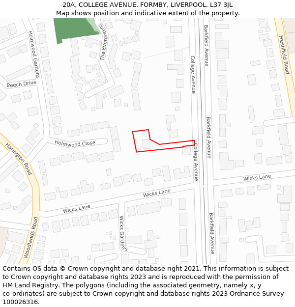 20A, COLLEGE AVENUE, FORMBY, LIVERPOOL, L37 3JL: Location map and indicative extent of plot