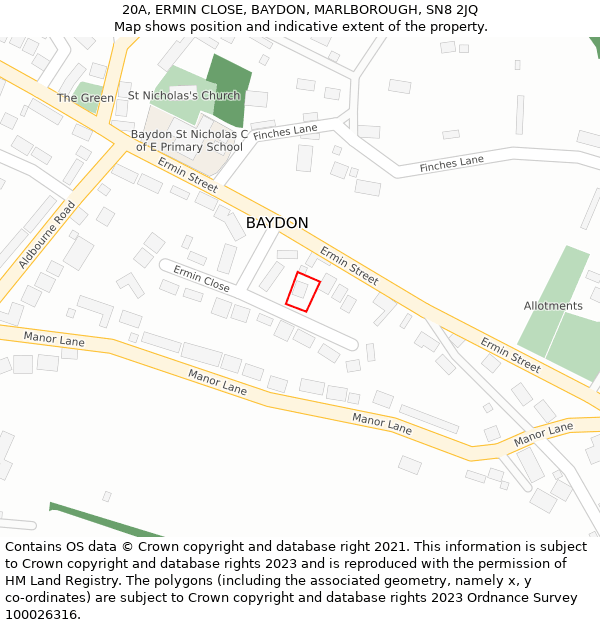 20A, ERMIN CLOSE, BAYDON, MARLBOROUGH, SN8 2JQ: Location map and indicative extent of plot