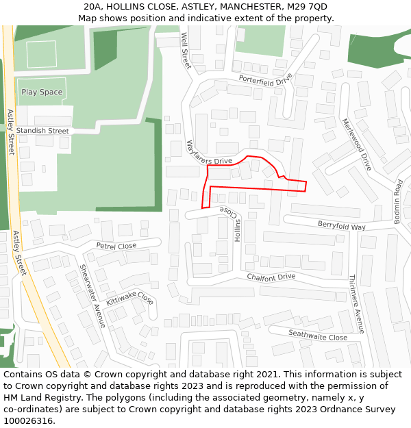 20A, HOLLINS CLOSE, ASTLEY, MANCHESTER, M29 7QD: Location map and indicative extent of plot