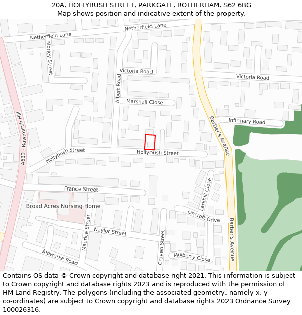 20A, HOLLYBUSH STREET, PARKGATE, ROTHERHAM, S62 6BG: Location map and indicative extent of plot