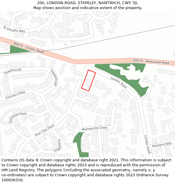 20A, LONDON ROAD, STAPELEY, NANTWICH, CW5 7JL: Location map and indicative extent of plot