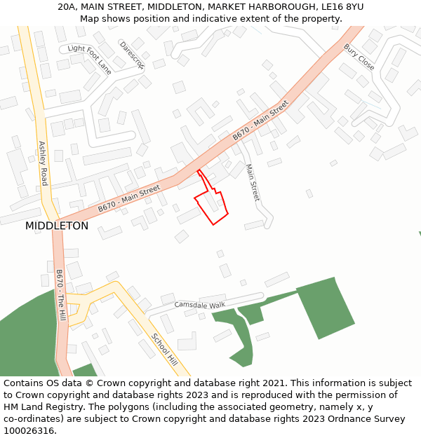 20A, MAIN STREET, MIDDLETON, MARKET HARBOROUGH, LE16 8YU: Location map and indicative extent of plot