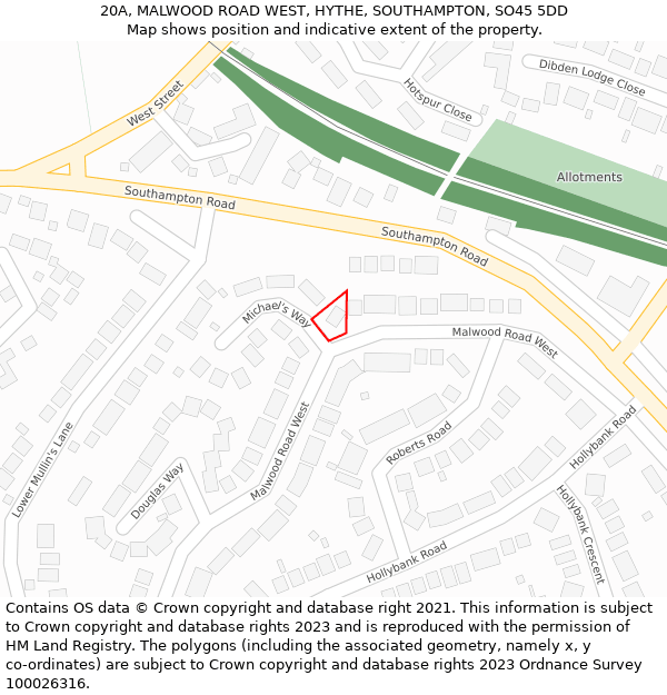 20A, MALWOOD ROAD WEST, HYTHE, SOUTHAMPTON, SO45 5DD: Location map and indicative extent of plot