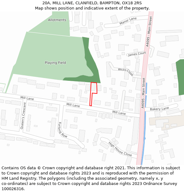 20A, MILL LANE, CLANFIELD, BAMPTON, OX18 2RS: Location map and indicative extent of plot