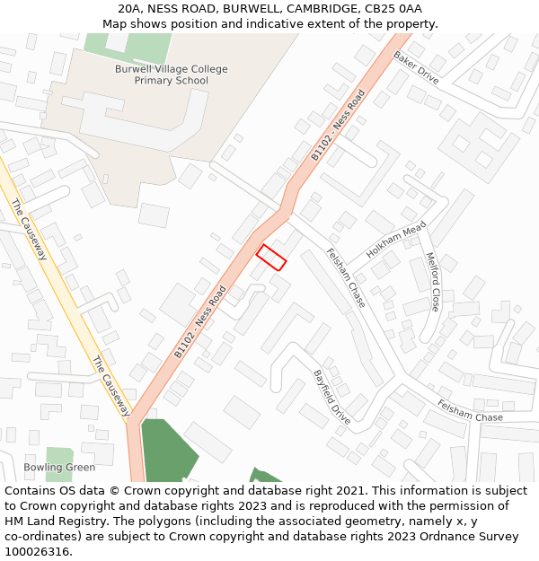 20A, NESS ROAD, BURWELL, CAMBRIDGE, CB25 0AA: Location map and indicative extent of plot