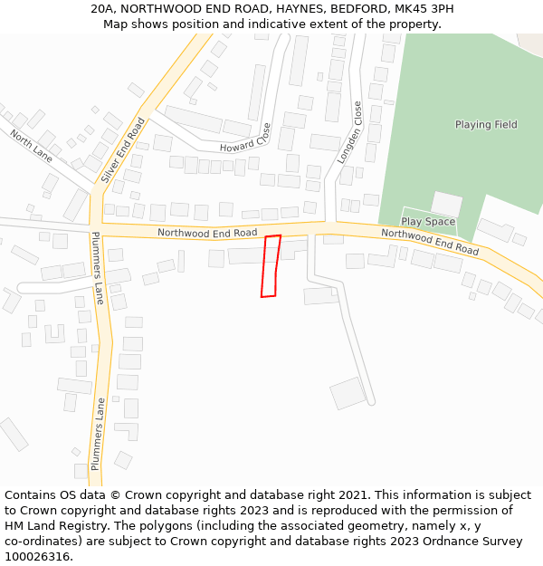 20A, NORTHWOOD END ROAD, HAYNES, BEDFORD, MK45 3PH: Location map and indicative extent of plot