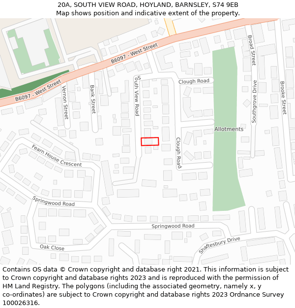 20A, SOUTH VIEW ROAD, HOYLAND, BARNSLEY, S74 9EB: Location map and indicative extent of plot