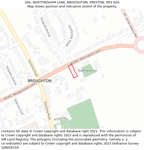 20A, WHITTINGHAM LANE, BROUGHTON, PRESTON, PR3 5DA: Location map and indicative extent of plot