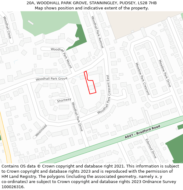 20A, WOODHALL PARK GROVE, STANNINGLEY, PUDSEY, LS28 7HB: Location map and indicative extent of plot