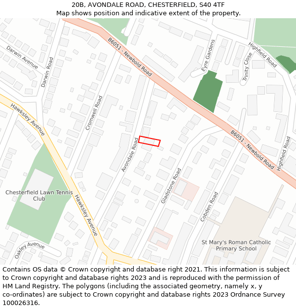 20B, AVONDALE ROAD, CHESTERFIELD, S40 4TF: Location map and indicative extent of plot