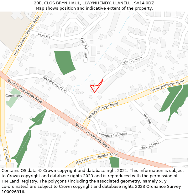 20B, CLOS BRYN HAUL, LLWYNHENDY, LLANELLI, SA14 9DZ: Location map and indicative extent of plot