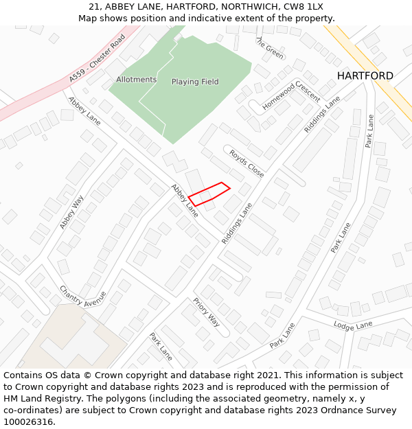 21, ABBEY LANE, HARTFORD, NORTHWICH, CW8 1LX: Location map and indicative extent of plot