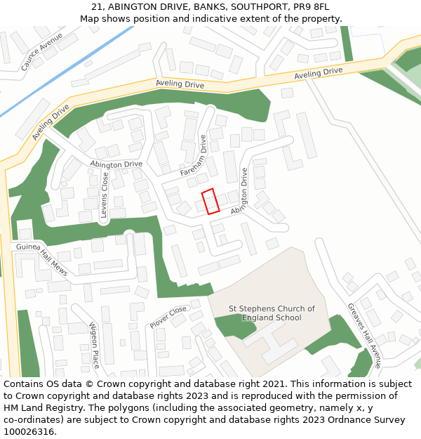 21, ABINGTON DRIVE, BANKS, SOUTHPORT, PR9 8FL: Location map and indicative extent of plot