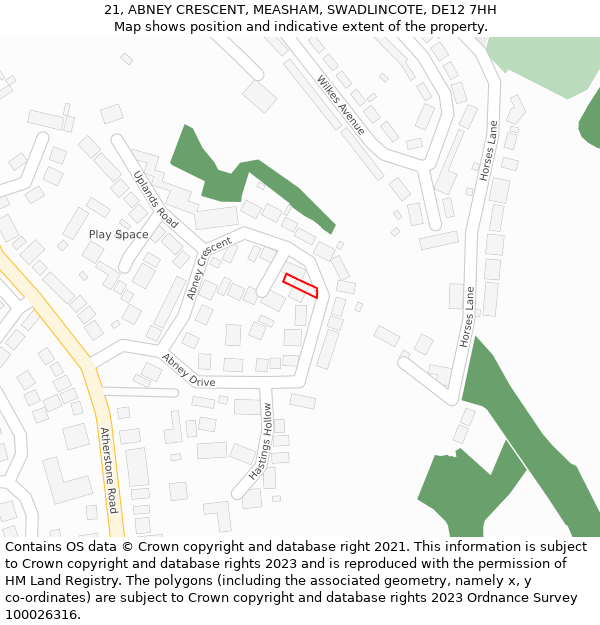 21, ABNEY CRESCENT, MEASHAM, SWADLINCOTE, DE12 7HH: Location map and indicative extent of plot