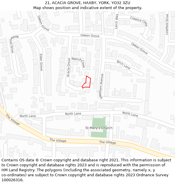 21, ACACIA GROVE, HAXBY, YORK, YO32 3ZU: Location map and indicative extent of plot