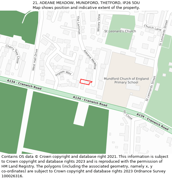 21, ADEANE MEADOW, MUNDFORD, THETFORD, IP26 5DU: Location map and indicative extent of plot