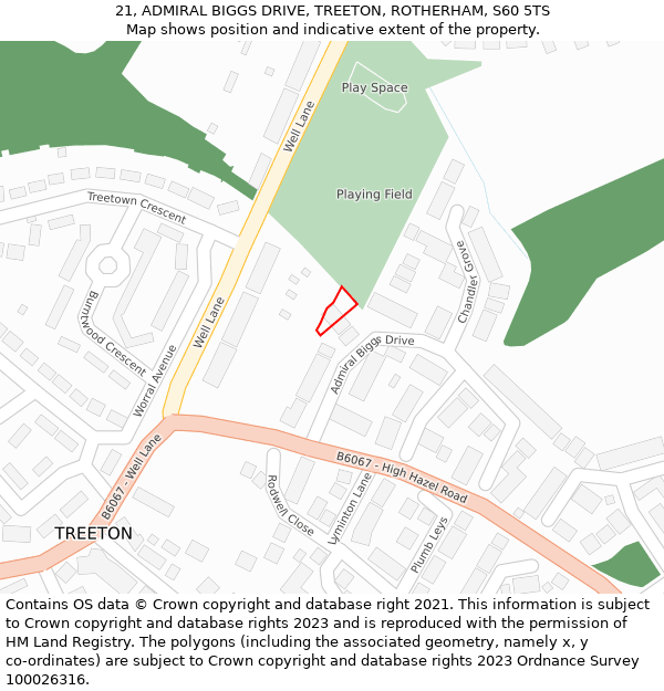 21, ADMIRAL BIGGS DRIVE, TREETON, ROTHERHAM, S60 5TS: Location map and indicative extent of plot