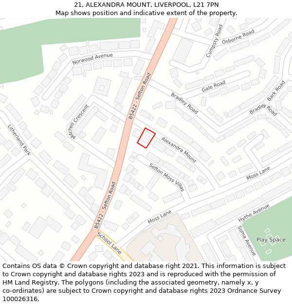 21, ALEXANDRA MOUNT, LIVERPOOL, L21 7PN: Location map and indicative extent of plot
