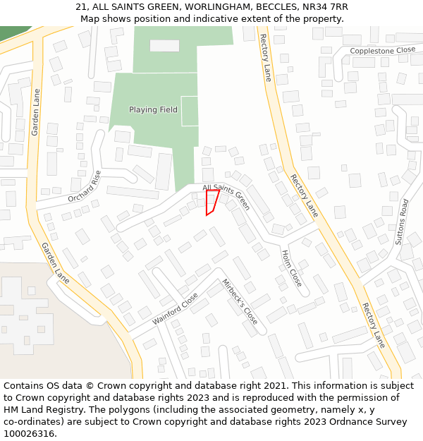 21, ALL SAINTS GREEN, WORLINGHAM, BECCLES, NR34 7RR: Location map and indicative extent of plot