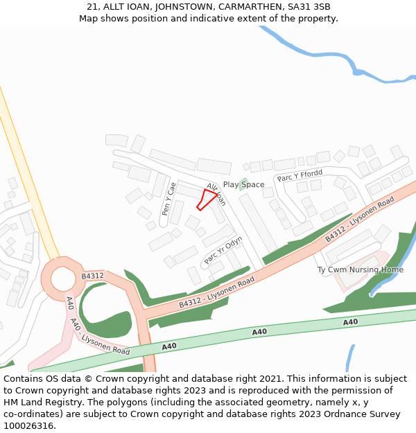 21, ALLT IOAN, JOHNSTOWN, CARMARTHEN, SA31 3SB: Location map and indicative extent of plot
