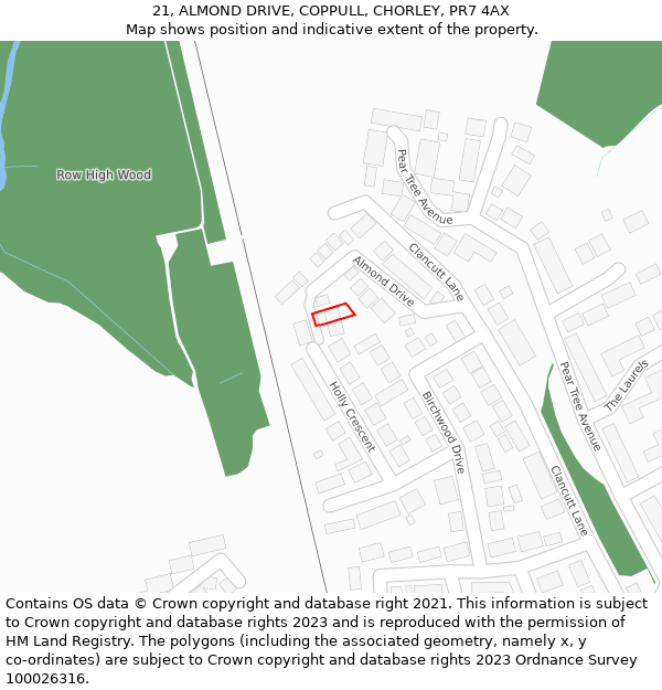 21, ALMOND DRIVE, COPPULL, CHORLEY, PR7 4AX: Location map and indicative extent of plot