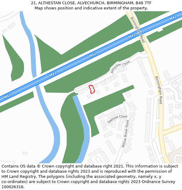 21, ALTHESTAN CLOSE, ALVECHURCH, BIRMINGHAM, B48 7TF: Location map and indicative extent of plot