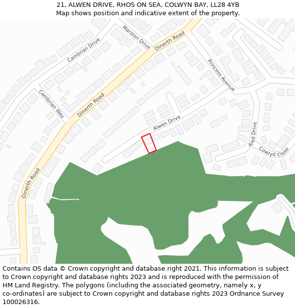 21, ALWEN DRIVE, RHOS ON SEA, COLWYN BAY, LL28 4YB: Location map and indicative extent of plot