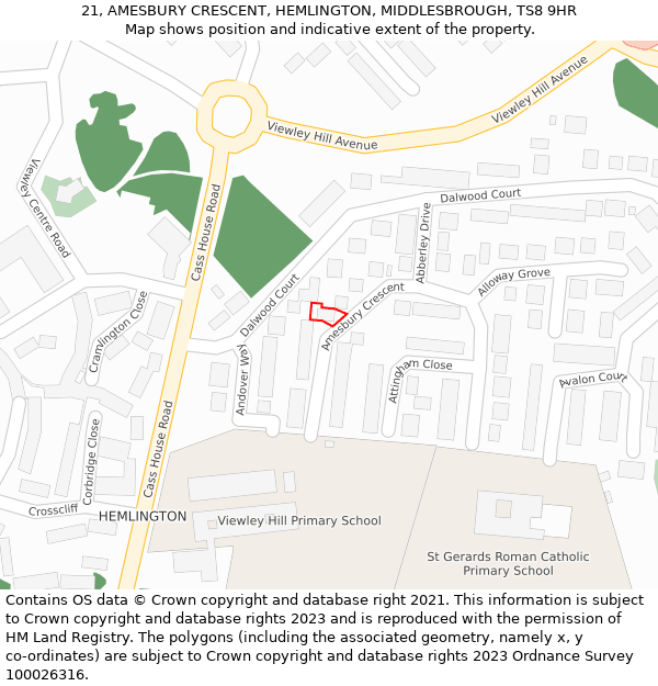 21, AMESBURY CRESCENT, HEMLINGTON, MIDDLESBROUGH, TS8 9HR: Location map and indicative extent of plot